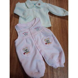 Vintage  embroidered soccer bear baby girls two-piece jumper pink white full